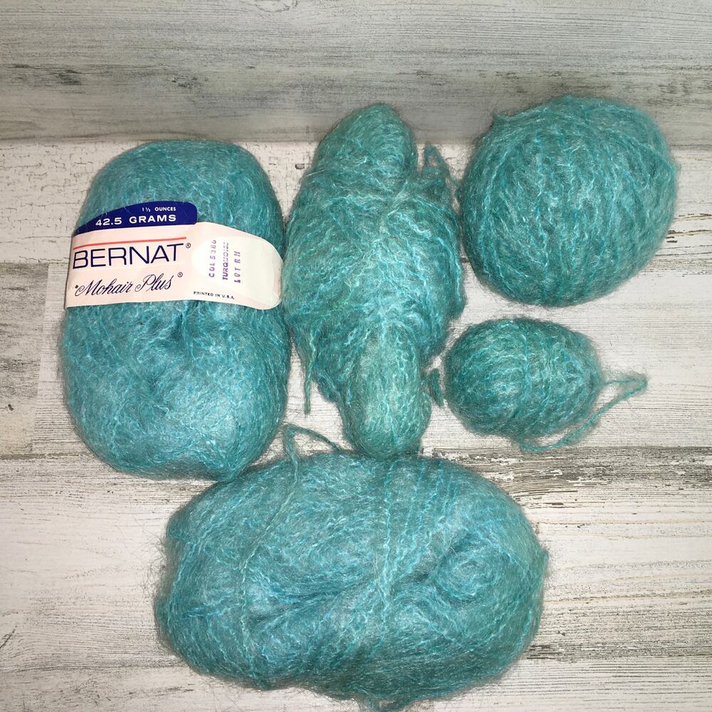 Bernat Mohair Plus Yarn Turquoise Blue Vintage Wool Blend Knitting Crochet